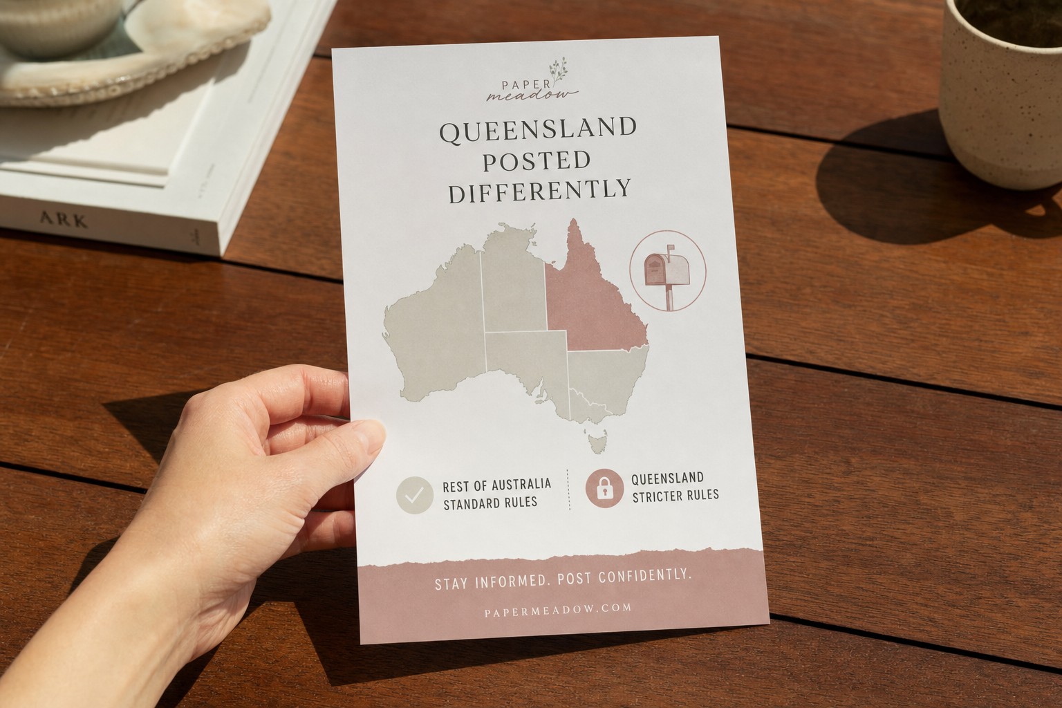 A stylised map of Australia with Queensland visually highlighted alongside a letterbox distribution icon