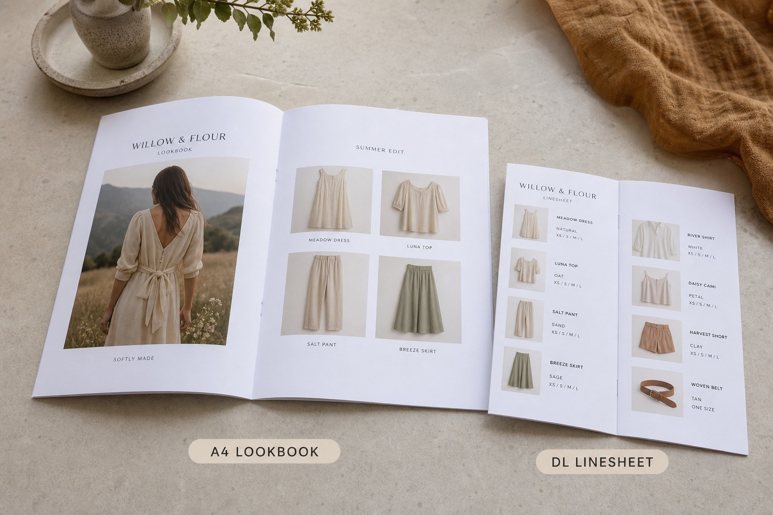 Side-by-side comparison of an A4 lookbook and a DL linesheet