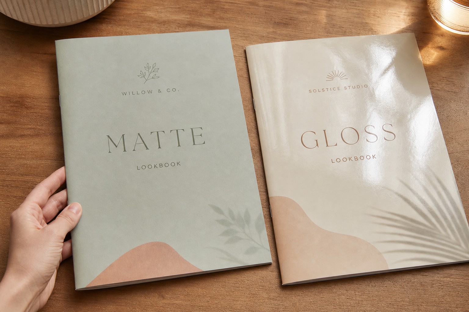 Close-up texture shot comparing a matte-laminated lookbook cover and a gloss-laminated cover side by side under warm studio lighting