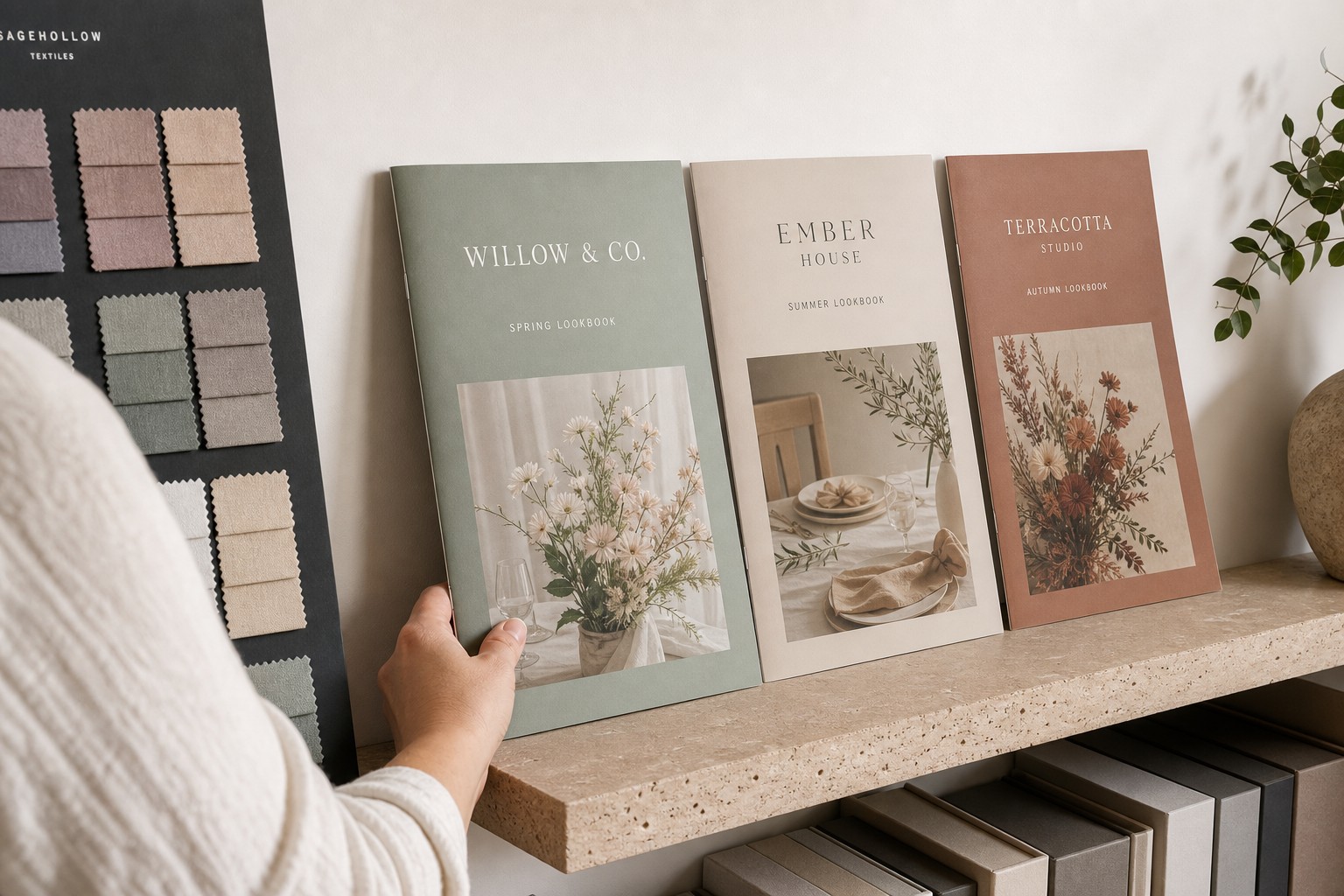 A branded showroom corner with three seasonal lookbooks fanned out on a low shelf alongside a fabric swatch board