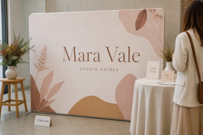 Stretch fabric media wall · 230gsm stretch polyester · dye-sublimation print · matte finish · owned boutique backdrop on an aluminium frame
