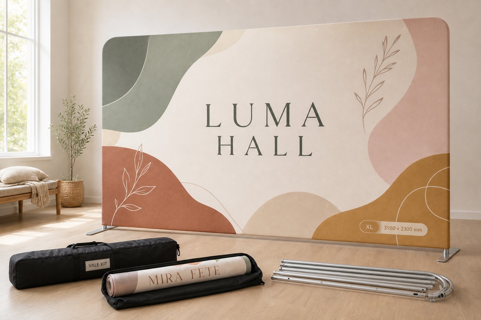 Flat-packed media wall kit · aluminium frame and 250gsm stretch polyester skin · dye-sublimation print · matte finish · packs into the included carry bag for reuse
