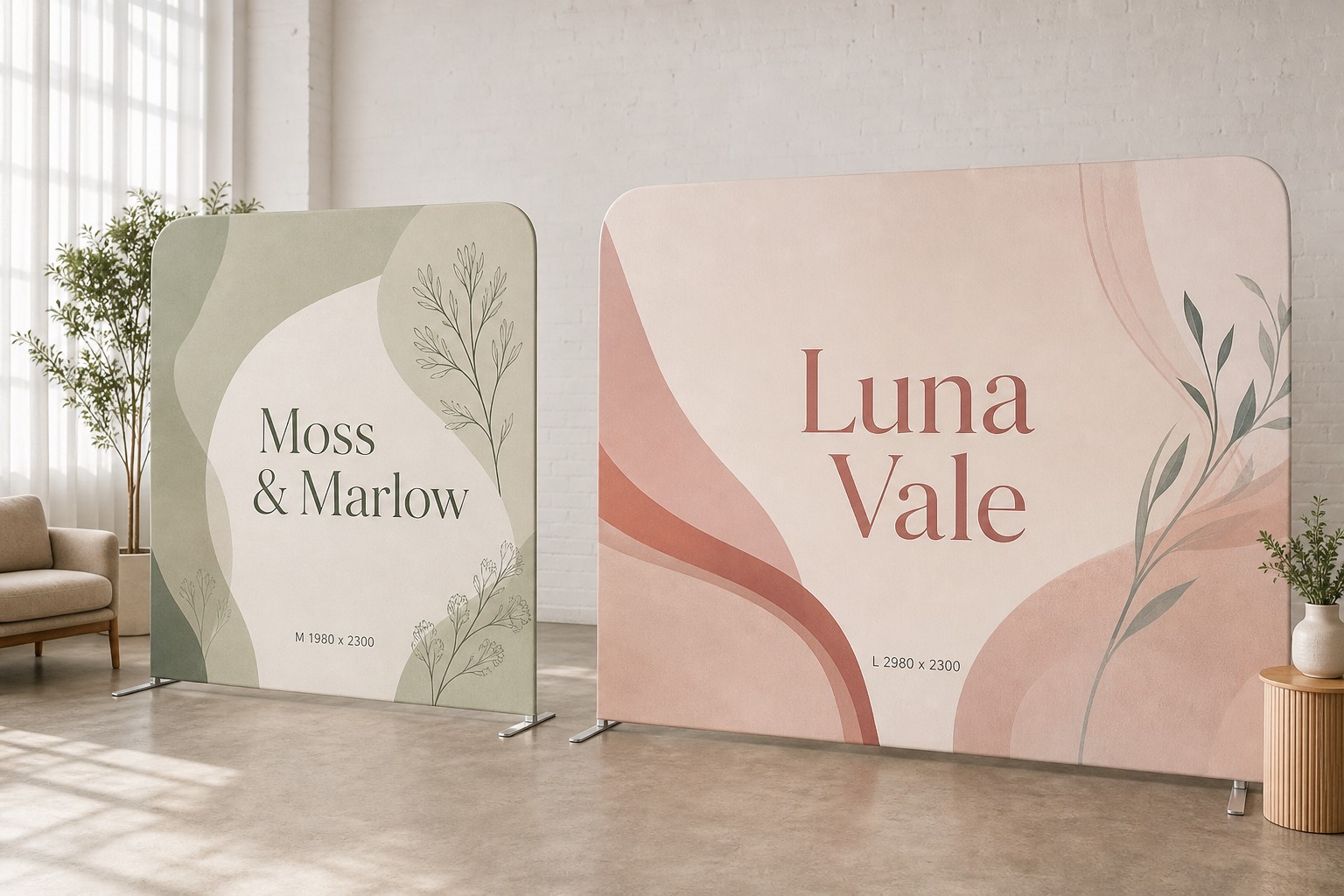 Two printed fabric skins · 250gsm stretch polyester · dye-sublimation print · matte finish · removable skins swap on one aluminium frame
