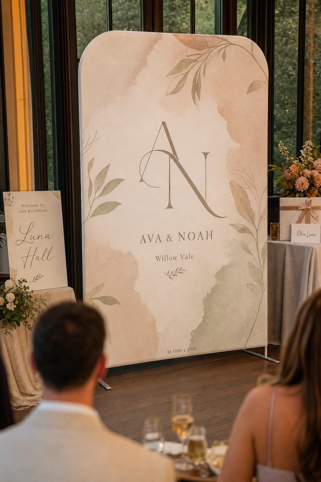 Wedding backdrop media wall · 250gsm stretch polyester · dye-sublimation print · matte finish · custom couple monogram on an aluminium frame