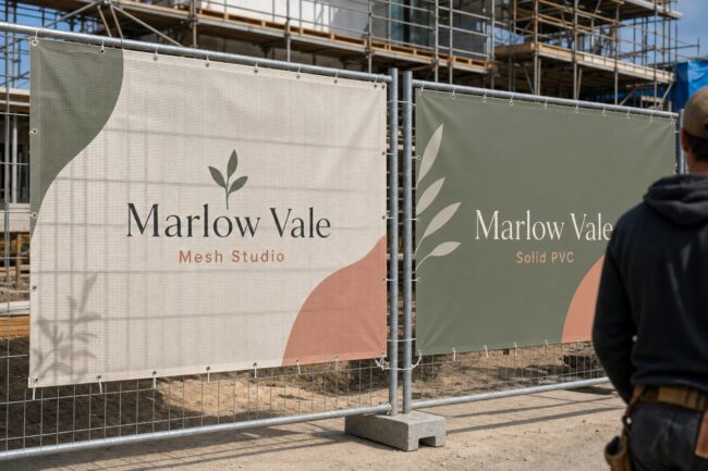Mesh banner beside solid PVC banner · 300gsm perforated PVC mesh and solid vinyl · full-colour CMYK digital print · reinforced hem binding and eyelets