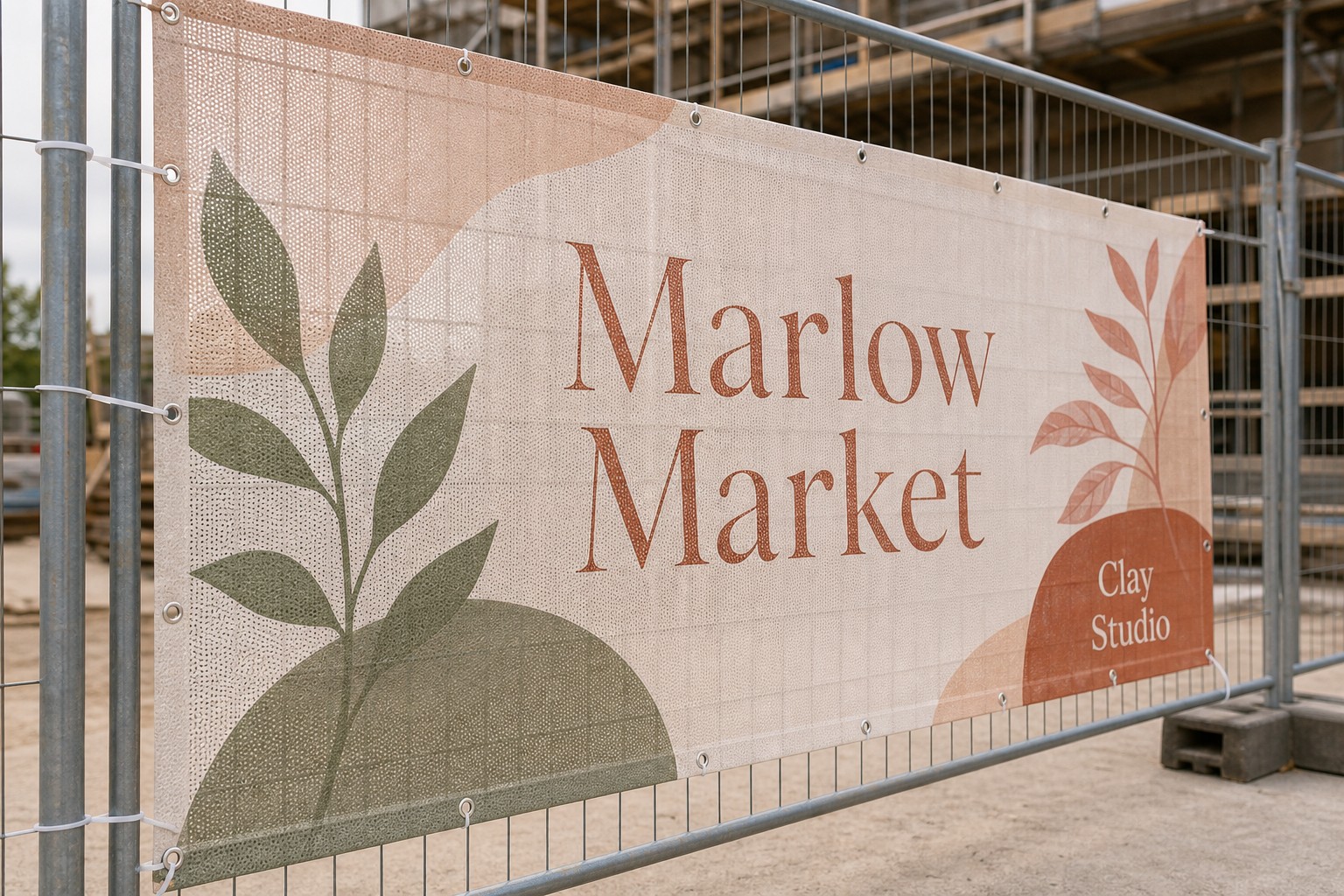 Perforated mesh banner surface · 300gsm perforated PVC mesh · full-colour CMYK digital print · air-through perforations across the graphic