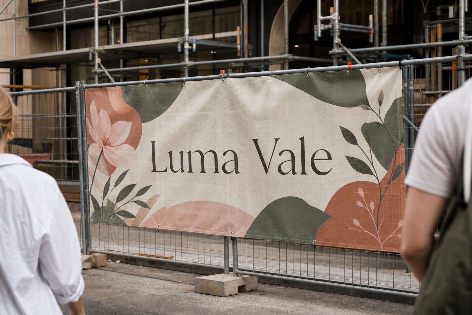 Mesh banner on scaffold facade · 300gsm perforated PVC mesh · full-colour CMYK digital print · reinforced hem binding and eyelets
