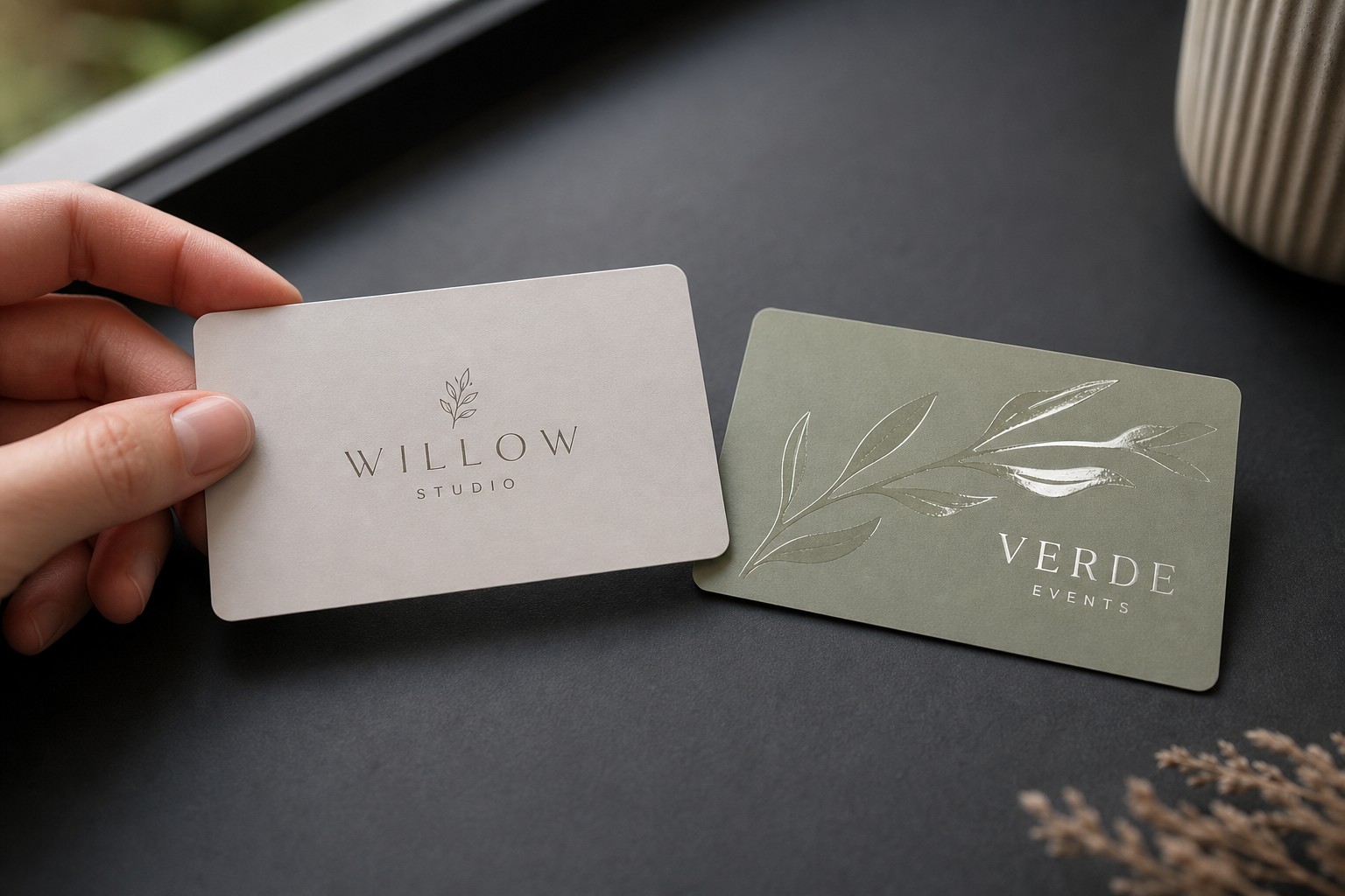 Close-up side-by-side of a standard matte business card next to a Spot UV card