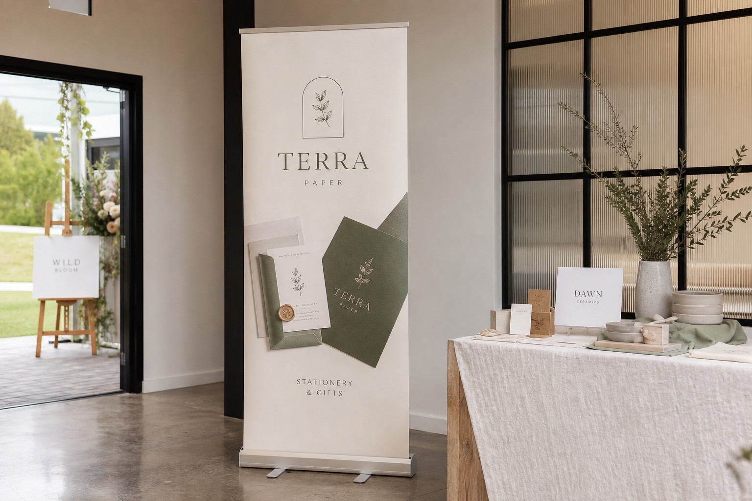 A retractable pull-up banner in a bright retail or trade show setting