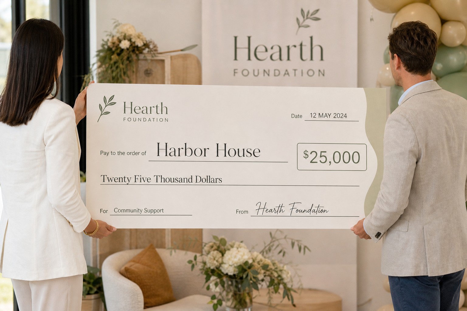 A 1000mm wide novelty cheque held up by two presenters on a stage