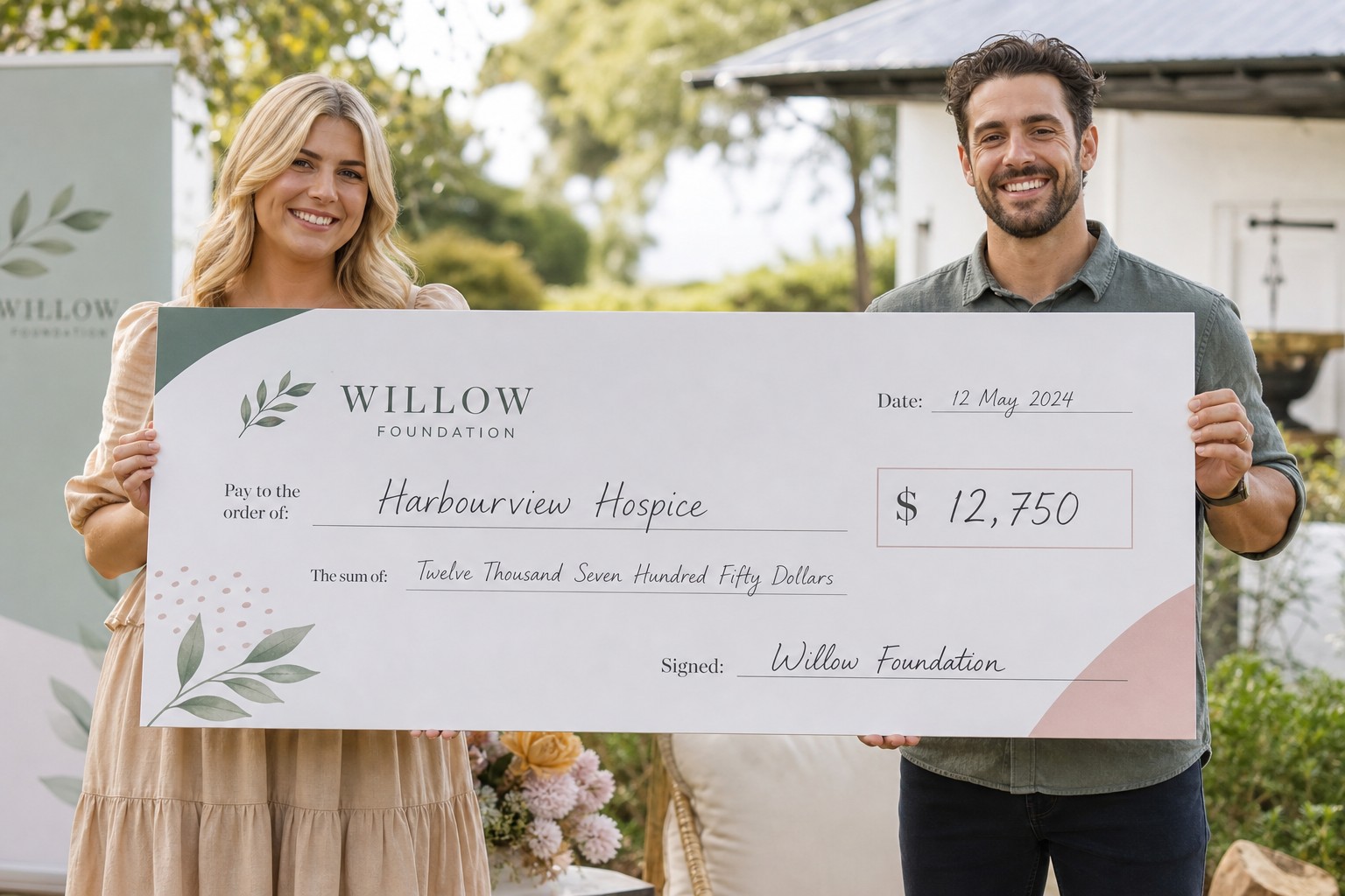 Clean presentation photo showing the cheque held at chest height and tilted slightly toward the camera