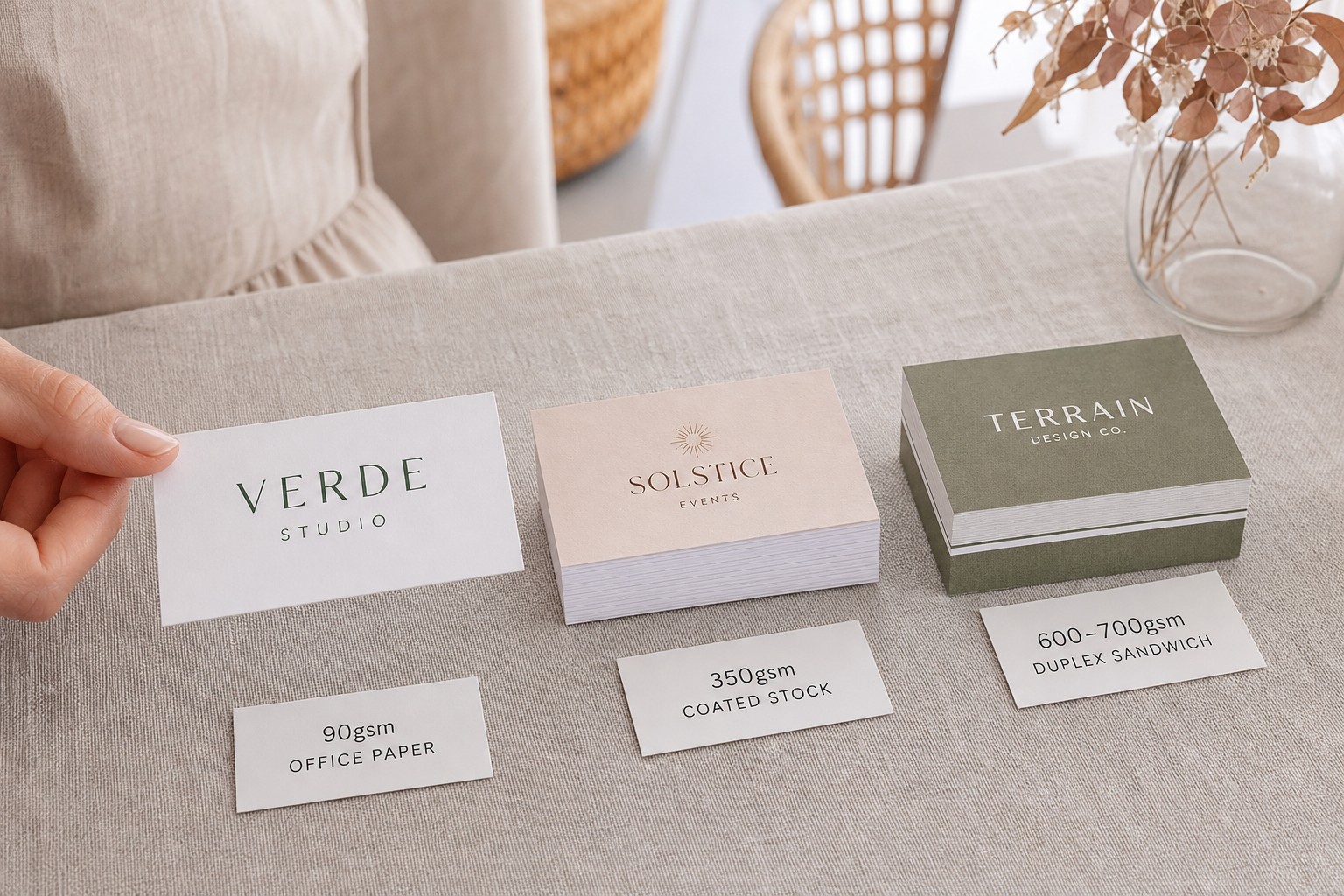 Close-up of three business card substrates side by side