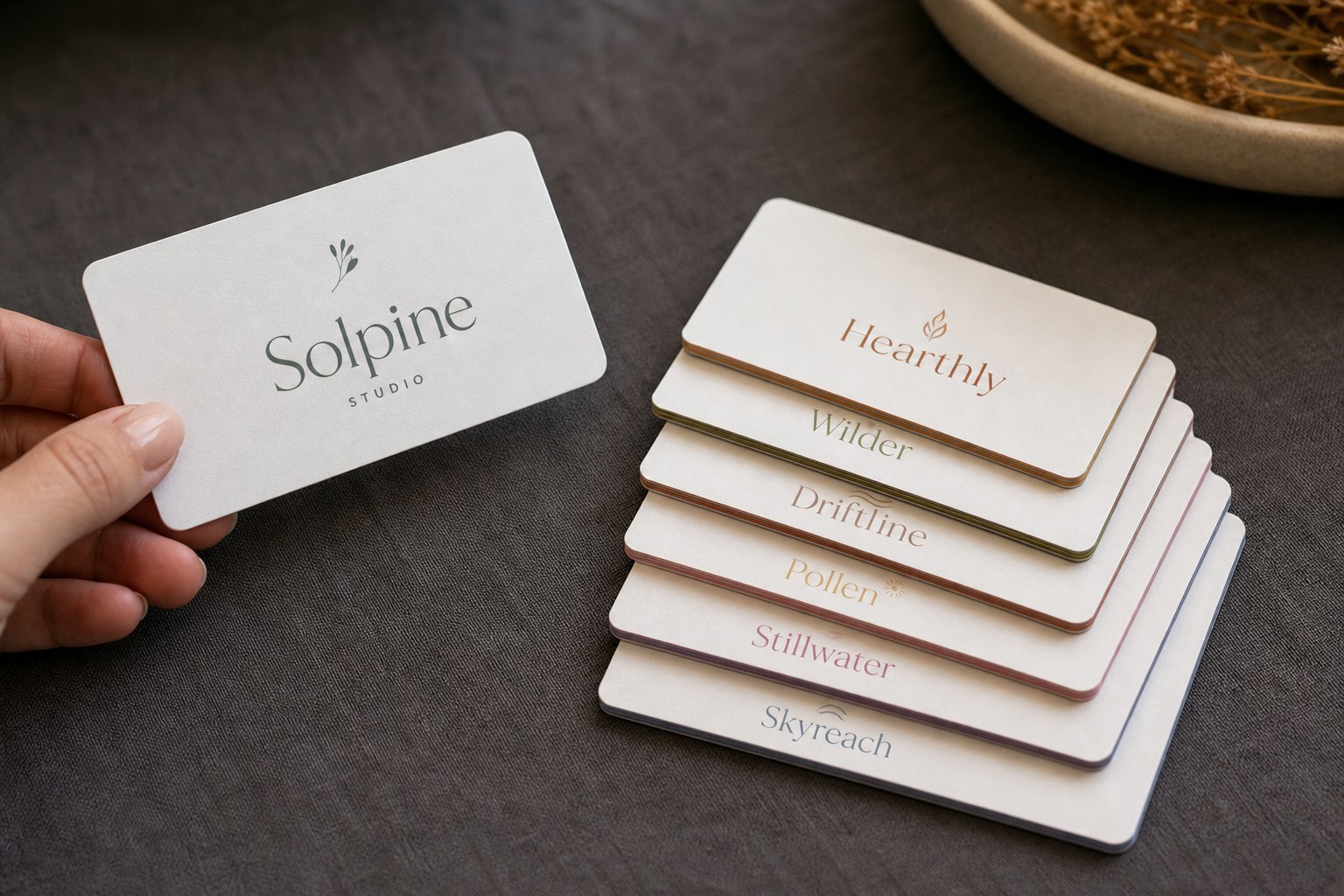 Overhead shot of duplex business cards fanned out