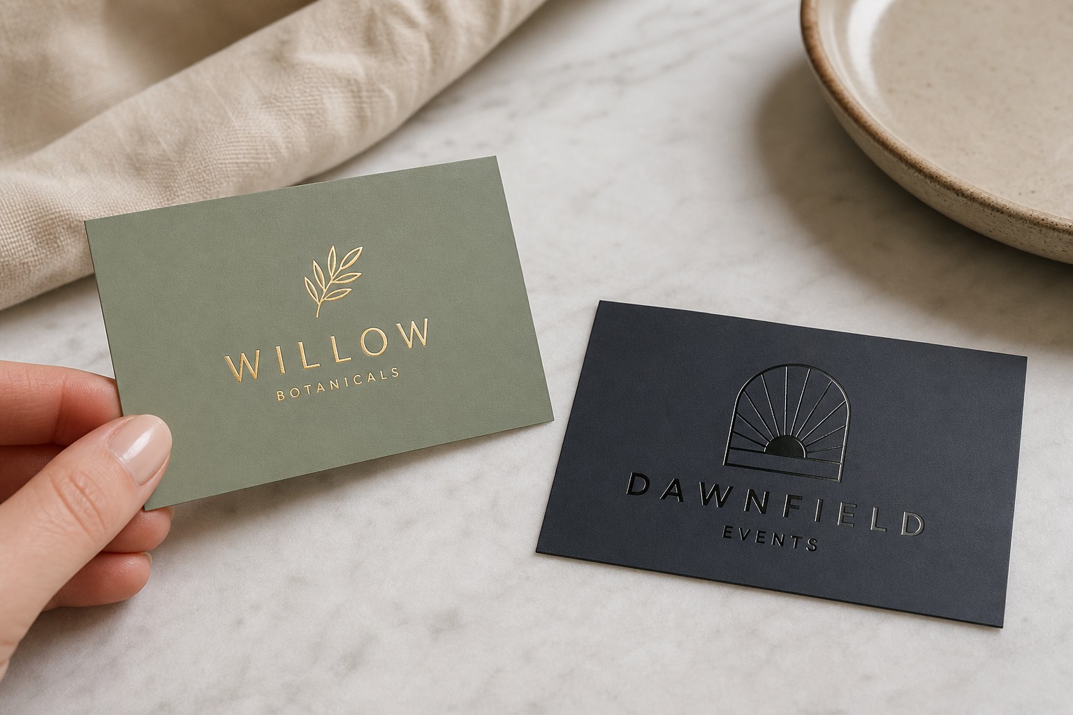 Clean editorial flat lay of Paperlust flat foil business cards and spot UV business cards side by side on white