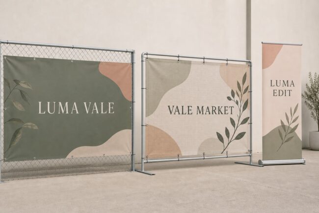 Mesh, vinyl and pull-up banners compared · perforated PVC mesh, 510gsm vinyl and retractable panel · full-colour CMYK digital print · hemmed edges, eyelets and aluminium cassette base