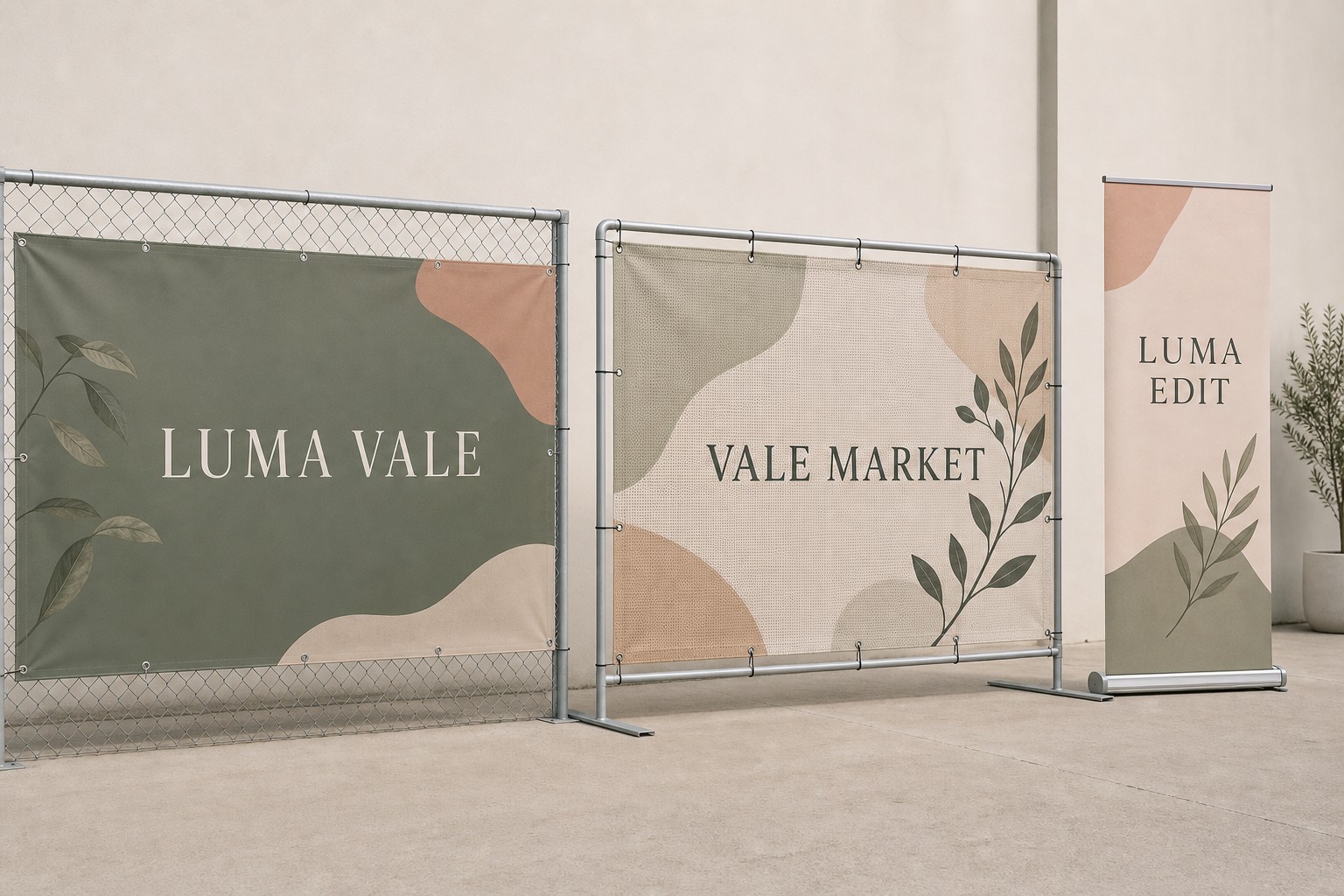 Mesh, vinyl and pull-up banners compared · perforated PVC mesh, 510gsm vinyl and retractable panel · full-colour CMYK digital print · hemmed edges, eyelets and aluminium cassette base