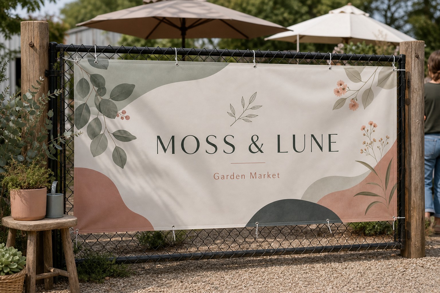 Vinyl banner strung on a fence · 510gsm super heavy-duty vinyl · full-colour UV-resistant print · hemmed edges with clear eyelets