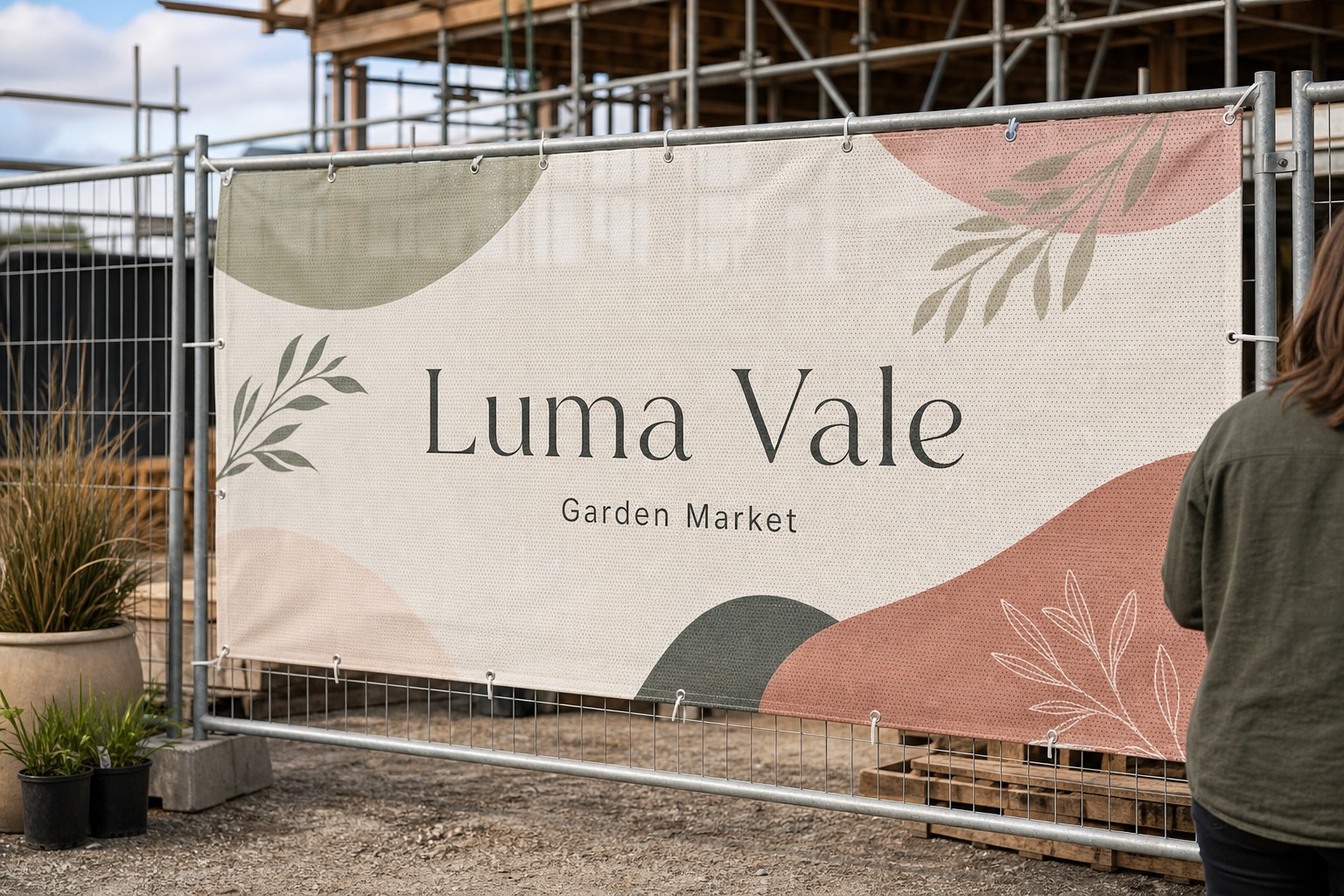Mesh banner on a fence · 300gsm perforated PVC mesh · full-colour CMYK digital print · hemming and eyelets included · perforations let wind pass through