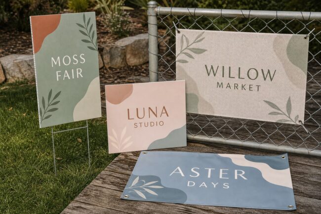 Four outdoor sign materials · corflute, foam PVC, vinyl mesh and vinyl banner · full-colour print · matte outdoor finish · compared for Australian UV lifespan