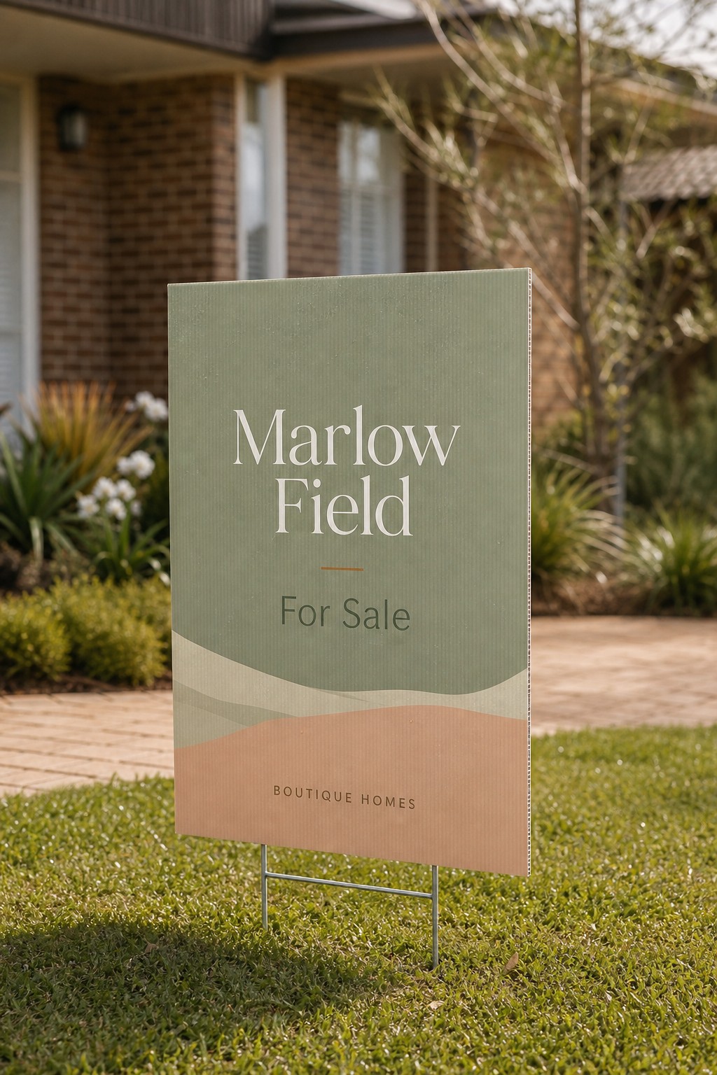 Corflute real estate sign · 3mm fluted polypropylene · full-colour UV LED print · matte weatherproof finish · H-stake mount for short campaigns