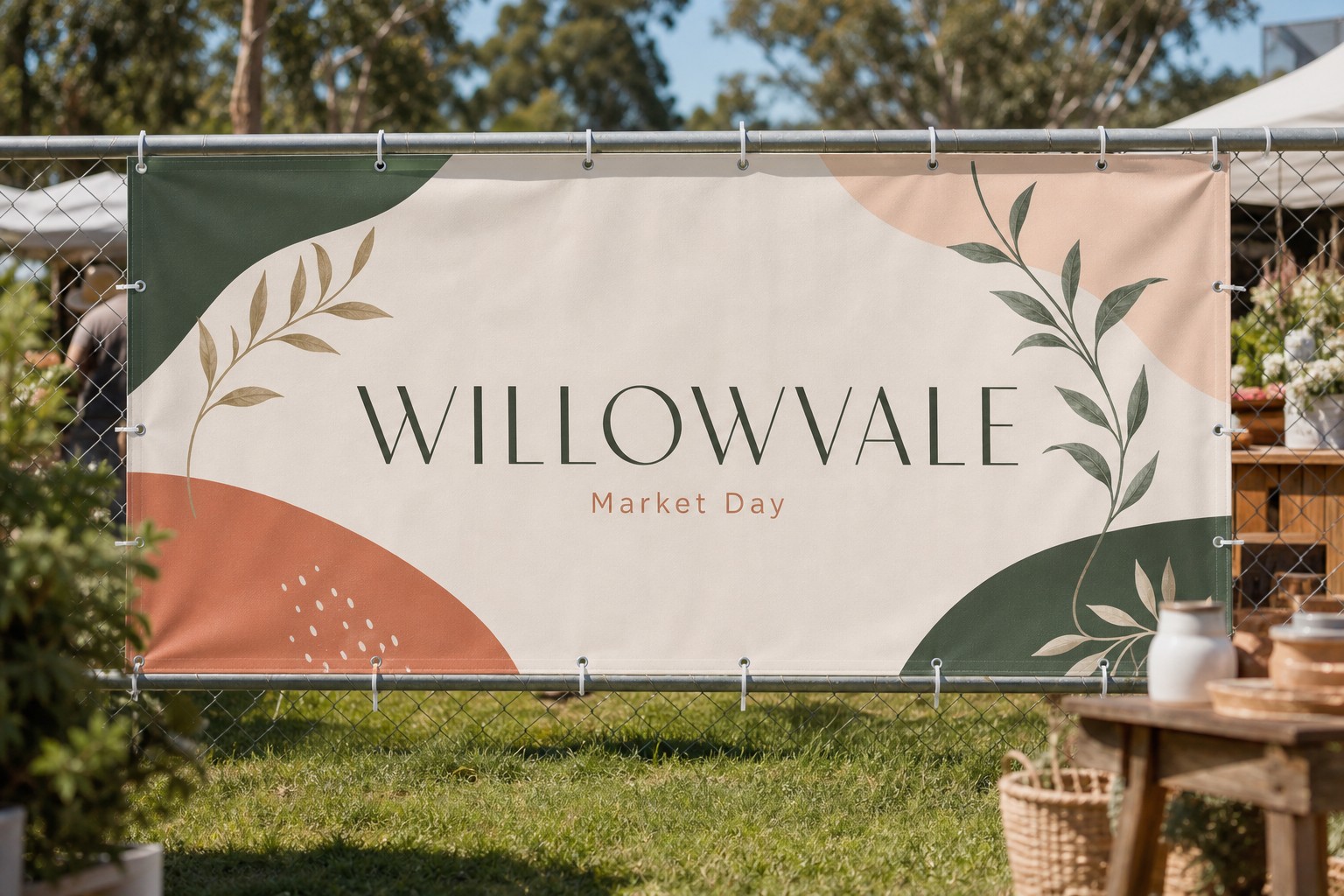 Vinyl banner · UV-stabilised PVC · full-colour print · weatherproof matte finish · tensioned on a fence with reinforced hems and grommets