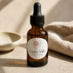 Oval sticker as a product label on a serum bottle · white vinyl · full-colour digital print · gloss laminate