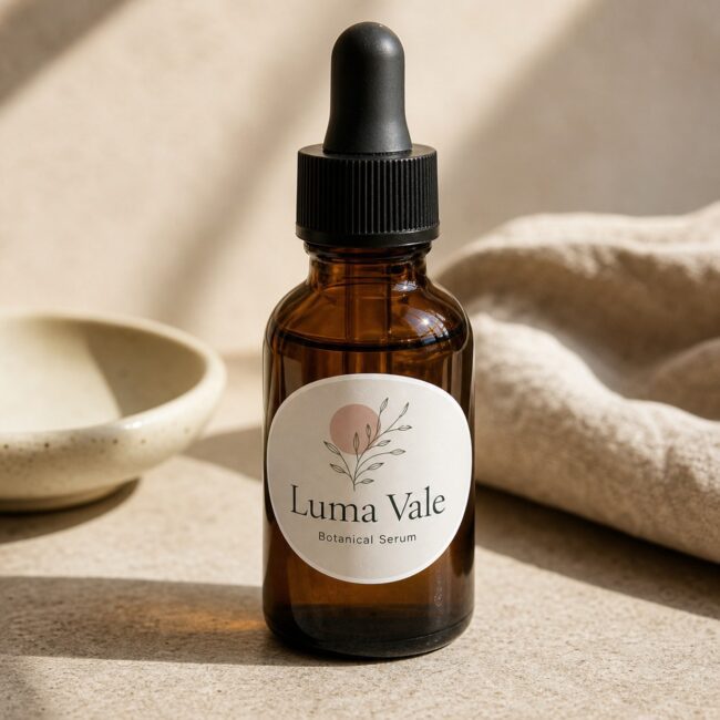 Oval sticker as a product label on a serum bottle · white vinyl · full-colour digital print · gloss laminate