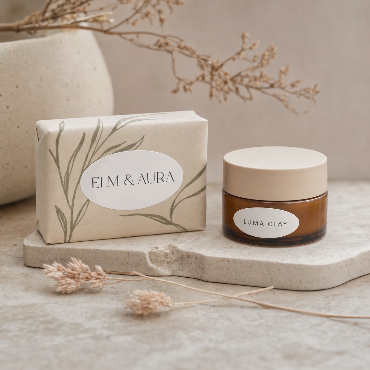 Oval stickers as product seals on soap and a cosmetic jar · white vinyl · full-colour digital print · matte laminate