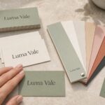 Standard business cards beside a fanned colour swatch guide · uncoated card stock · CMYK digital print · matte finish · one signature colour anchored to a single Pantone reference
