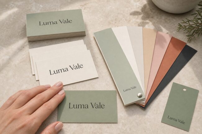Standard business cards beside a fanned colour swatch guide · uncoated card stock · CMYK digital print · matte finish · one signature colour anchored to a single Pantone reference