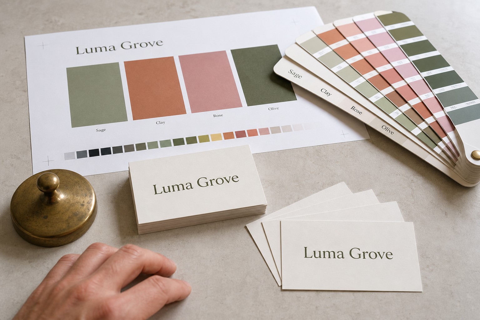 Printed proof sheet with a fanned colour reference guide · uncoated card stock · CMYK digital print · matte finish · coated and uncoated swatches matched to the paper stock