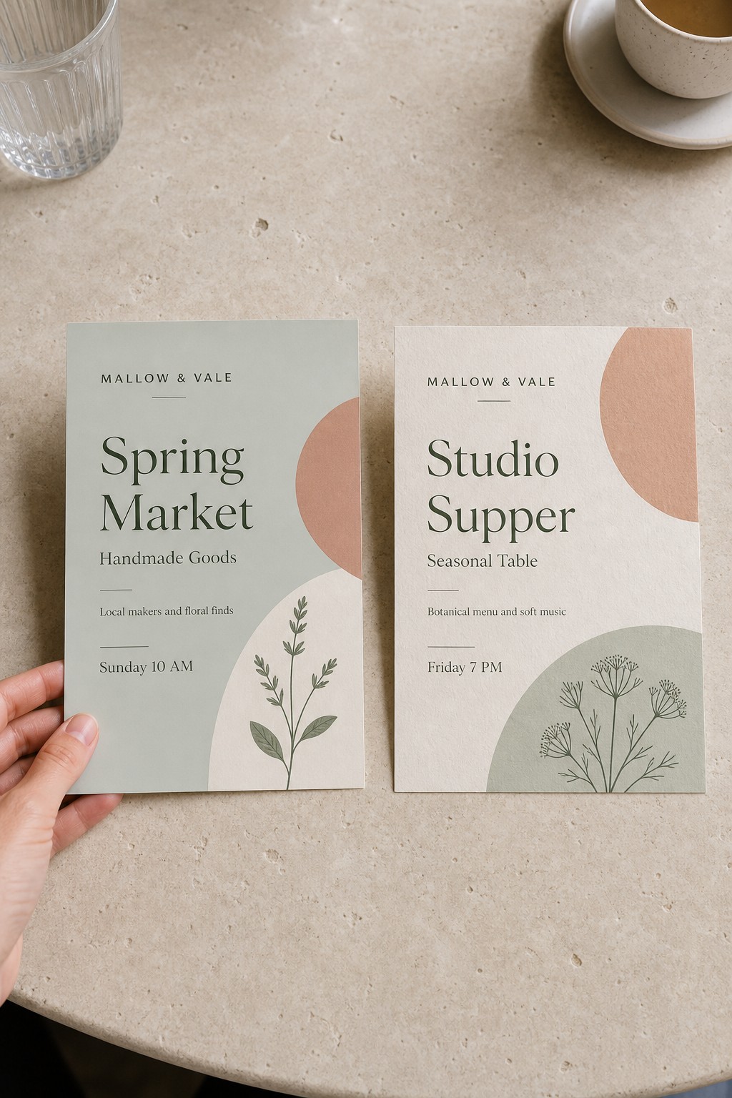 Two matching flyers of one brand side by side · two different paper stocks · CMYK digital print · matte finish · one brand colour held to the same CMYK and Pantone target