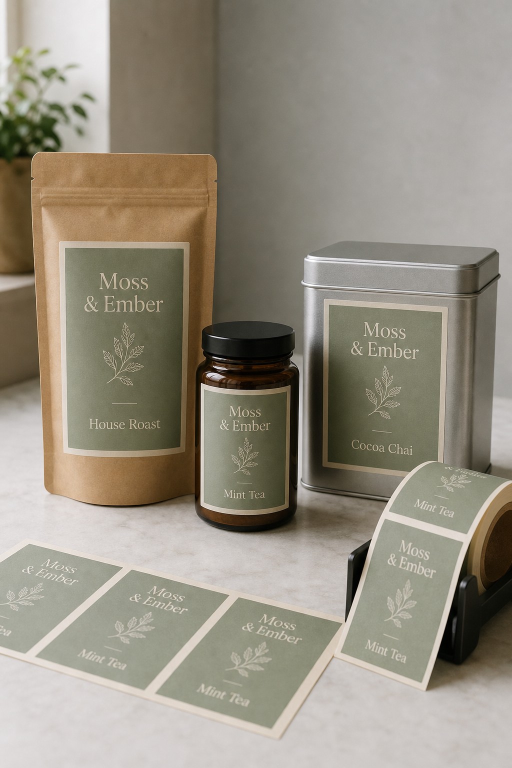 Rectangle product labels across a set of products · matte label stock · CMYK digital print · matte finish · same signature colour held across the full product range