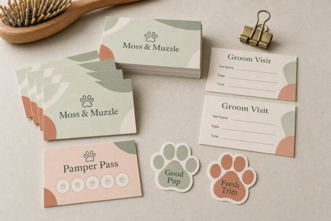 Pet grooming print kit · matte business cards and 80-micron vinyl stickers · full-colour digital print · appointment and loyalty cards included