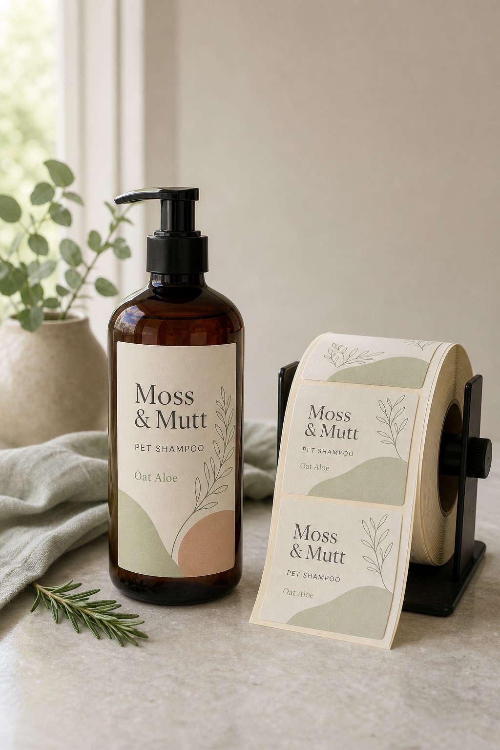 Product labels on a shampoo bottle · durable vinyl · full-colour digital print · matte finish · suits counter product bottles