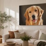 Large gallery wrap canvas print of a golden retriever hanging above a neutral linen sofa in warm afternoon light