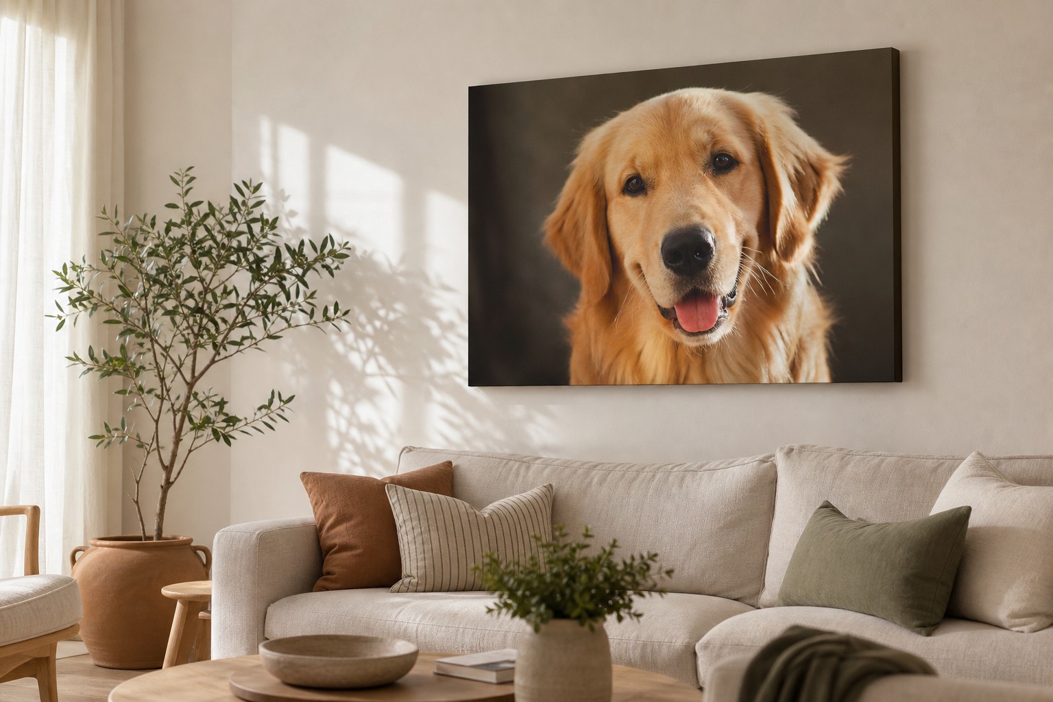 Large gallery wrap canvas print of a golden retriever hanging above a neutral linen sofa in warm afternoon light