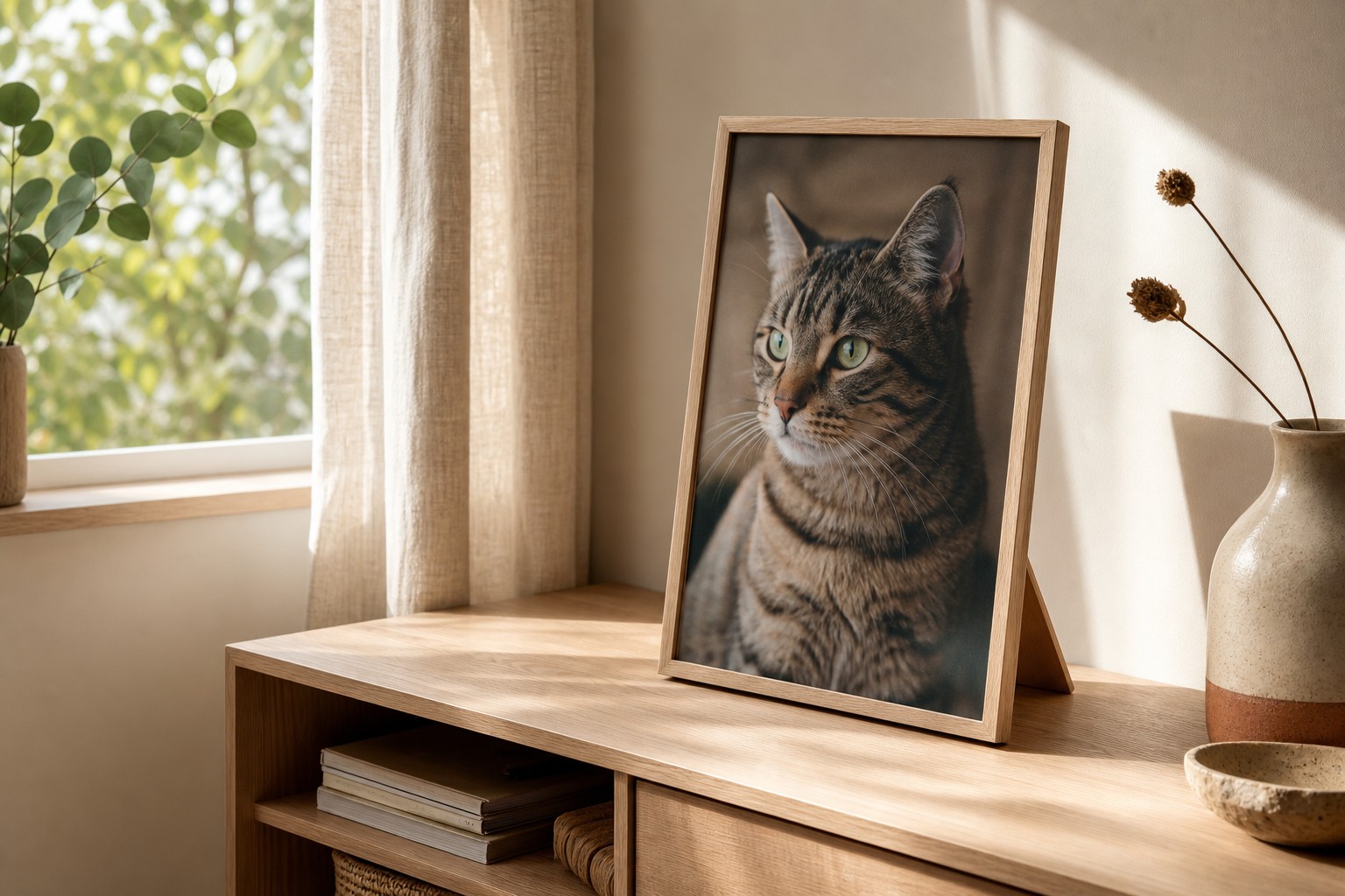 A3 natural oak framed print of a tabby cat standing on its fold-out stand on a timber console beside a sunlit window