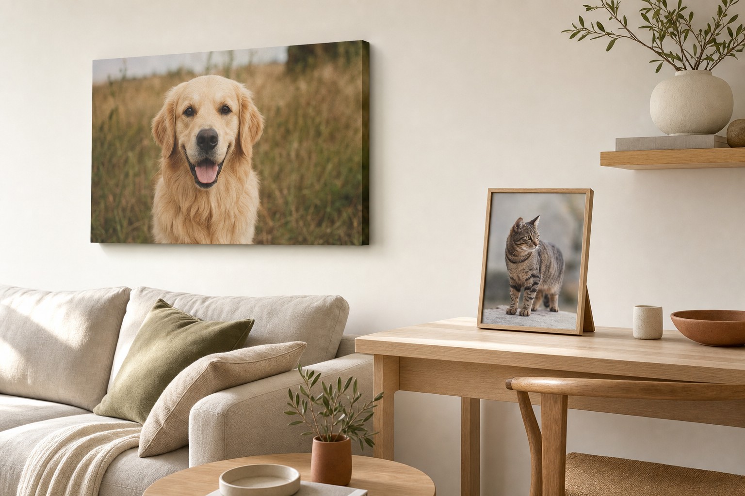 A canvas print of a dog above a sofa and a framed print of a cat standing on a desk, shown side by side in one room