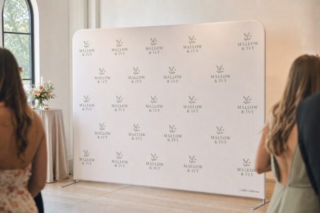 Step-and-repeat media wall · 230gsm stretch polyester · dye-sublimation print · matte finish · aluminium frame on two slim silver feet