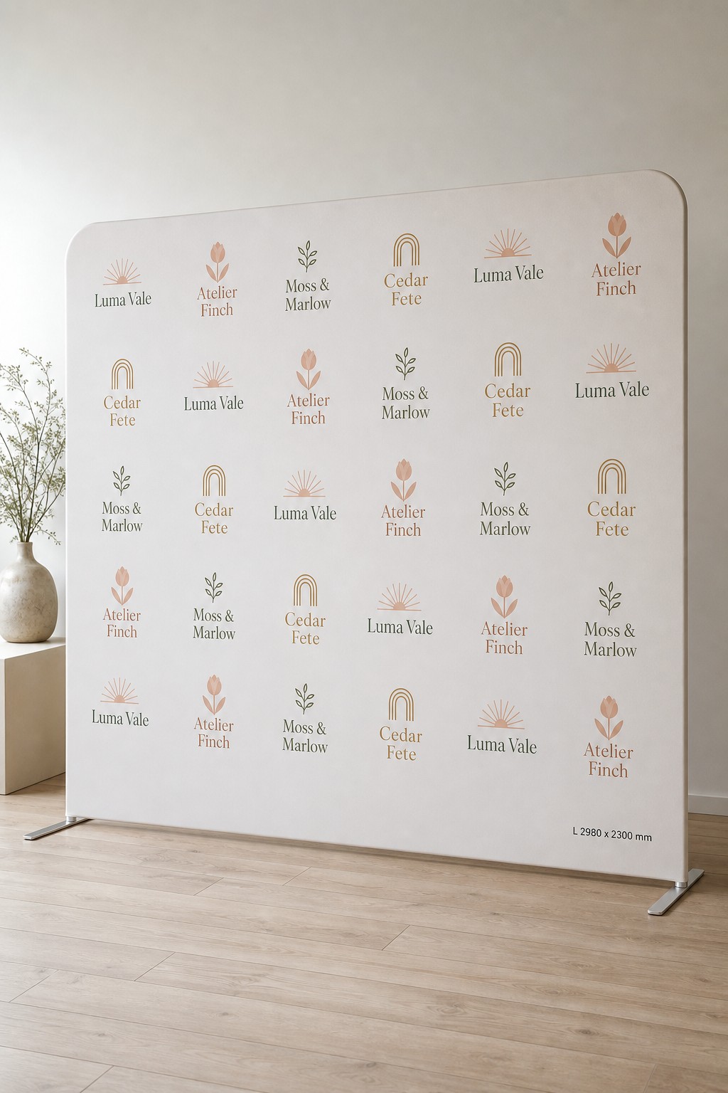 Stretch fabric media wall · 250gsm stretch polyester · dye-sublimation print · matte finish · tiled step-and-repeat logo pattern