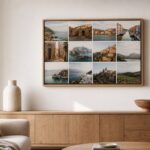 Photo collage canvas print in a natural oak floating frame hanging on a white living room wall above a sideboard