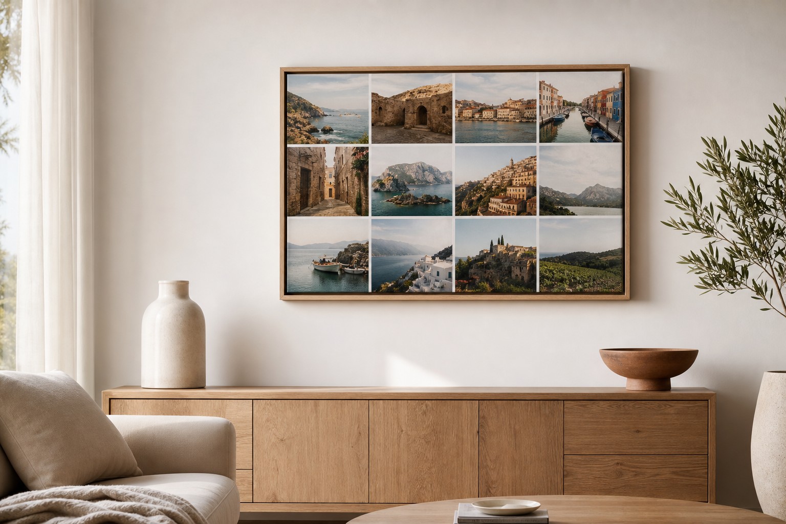 Photo collage canvas print in a natural oak floating frame hanging on a white living room wall above a sideboard