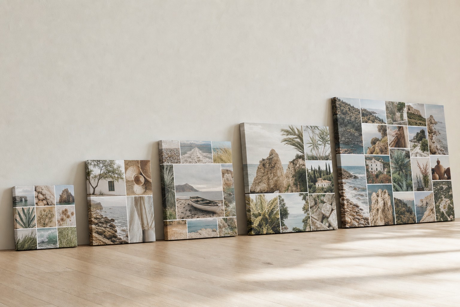 Five gallery wrap canvas prints in ascending sizes leaning against a studio wall, each showing a different collage layout