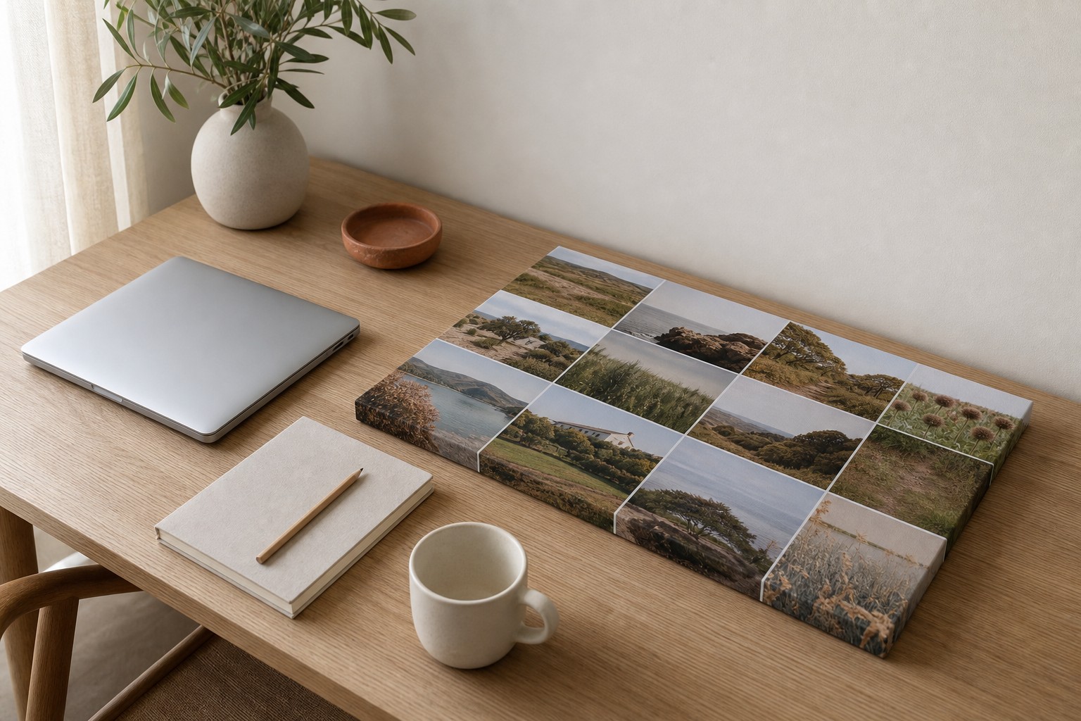 A photo collage canvas print lying face up on a timber desk beside a closed laptop, notebook and mug