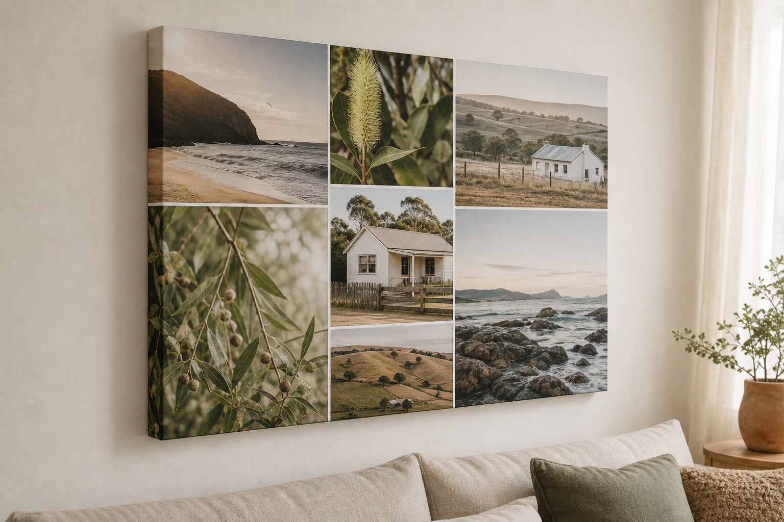 Gallery wrap canvas print photographed at an angle so the collage image is seen continuing around the 38mm wrapped side edge