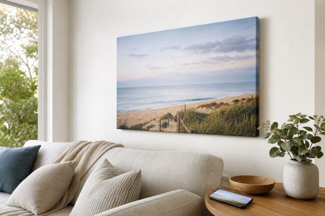 Coastal canvas print on a wall beside a phone showing the same image