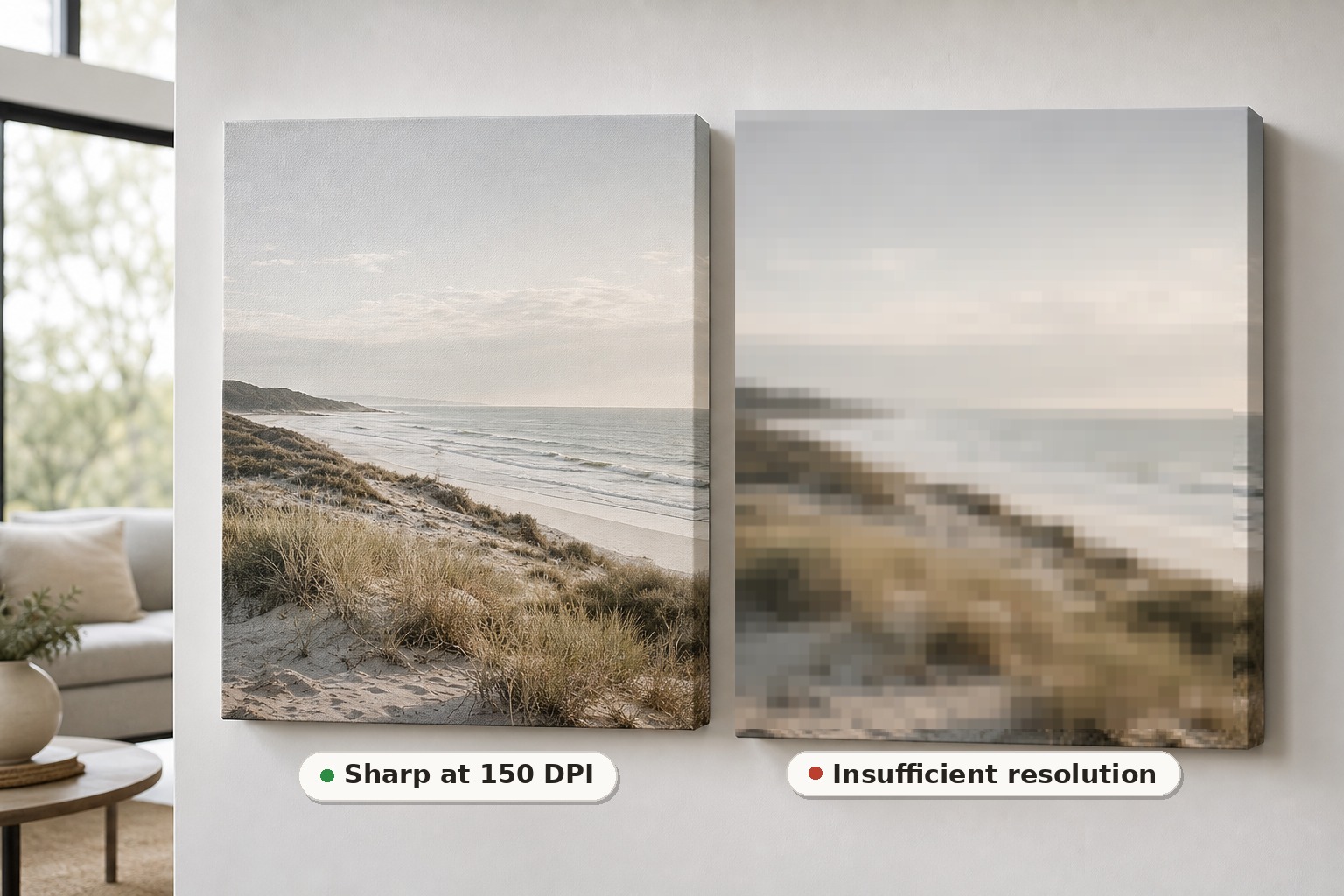 Side-by-side canvas comparison: sharp at 150 DPI versus insufficient resolution