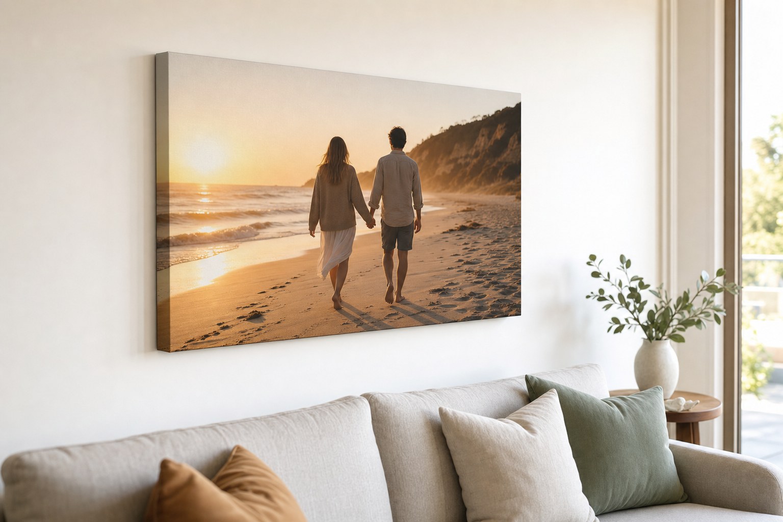 A 60 by 90 cm canvas print viewed from a sofa about 1.5 metres away