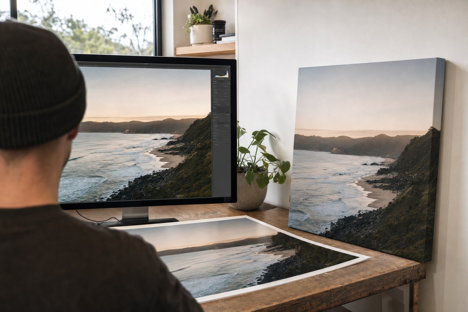 Print operator checking a high-resolution photo file on a calibrated monitor